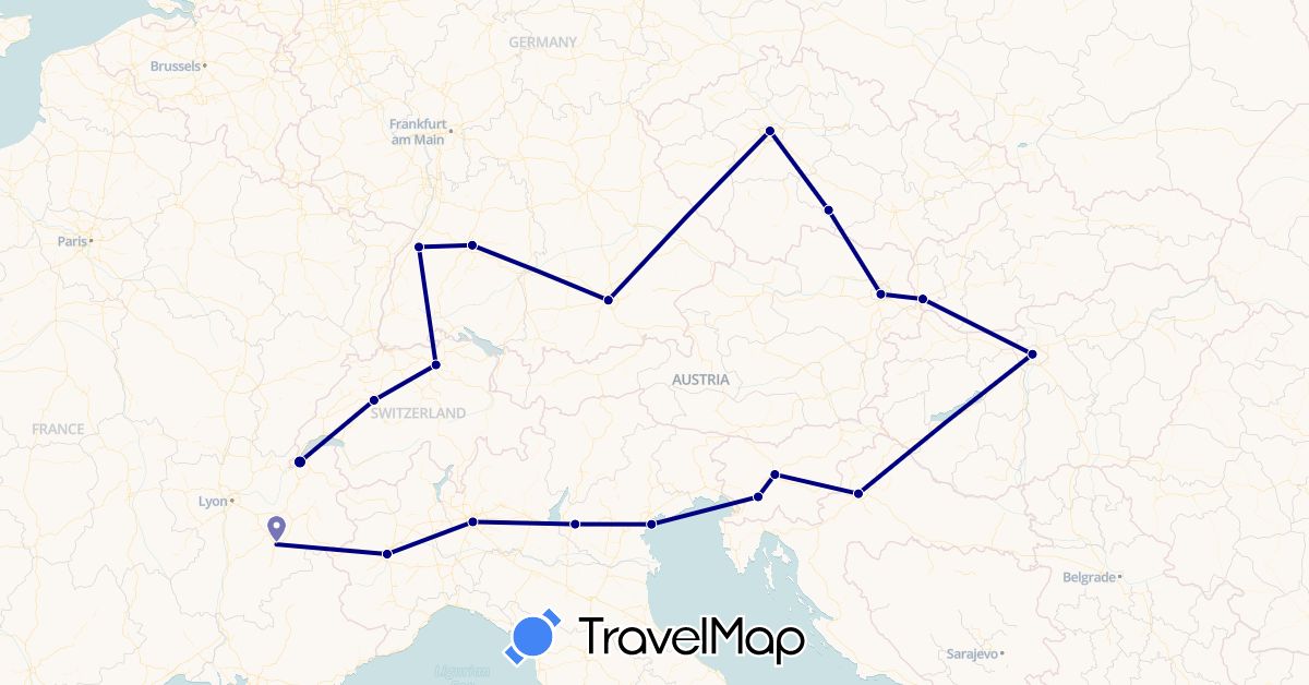 TravelMap itinerary: driving in Austria, Switzerland, Czech Republic, Germany, France, Croatia, Hungary, Italy, Slovenia, Slovakia (Europe)
